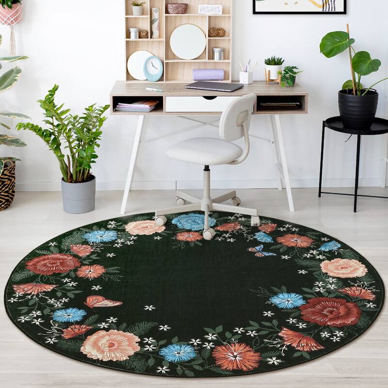 Area Rugs for Living Room Bedroom Washable Modern Floral Rug Scalloped Non-Slip Low Pile Carpet