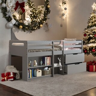 Elegant Twin Loft Bed with Built-in Drawers, Bookshelf and Chest, Sturdy construction & Unique design, Maximized Space, Grey