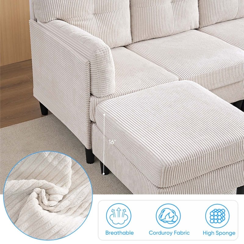 Mixoy Corduroy U-Shape Modular Convertible Sectional Sofa,Upholstered 4-Seater Sofa Couch with Movable Ottoman