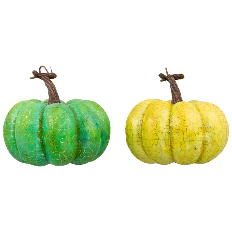 Crackle Fall Harvest Thanksgiving Pumpkins - 5" - Green and Gold - Set of 2