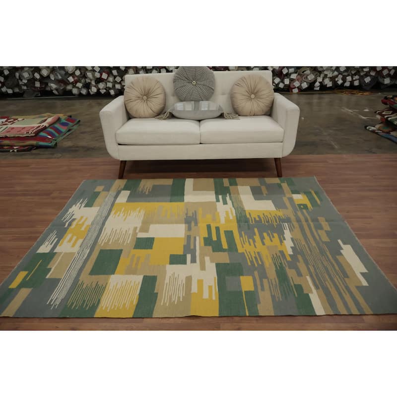 Hand Woven Oriental 100% Wool Carpet Southwestern Modern Multi-Colored Kilim Area Rug - 6' 7'' X 5' 3''