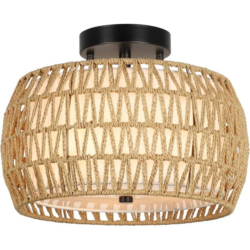 Light Fixtures Ceiling Mount, Rattan Semi Flush Mount Ceiling Light, Farmhouse Light Fixtures with Fabric Shades - Brown