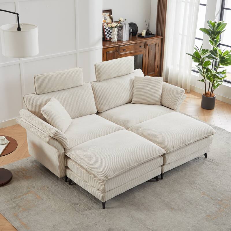 Corduroy Loveseat Sofa, Deep Seat Sectional Sofa wMovable Ottoman & 2 Pillows Upholstered Tufted Couch for Living Room