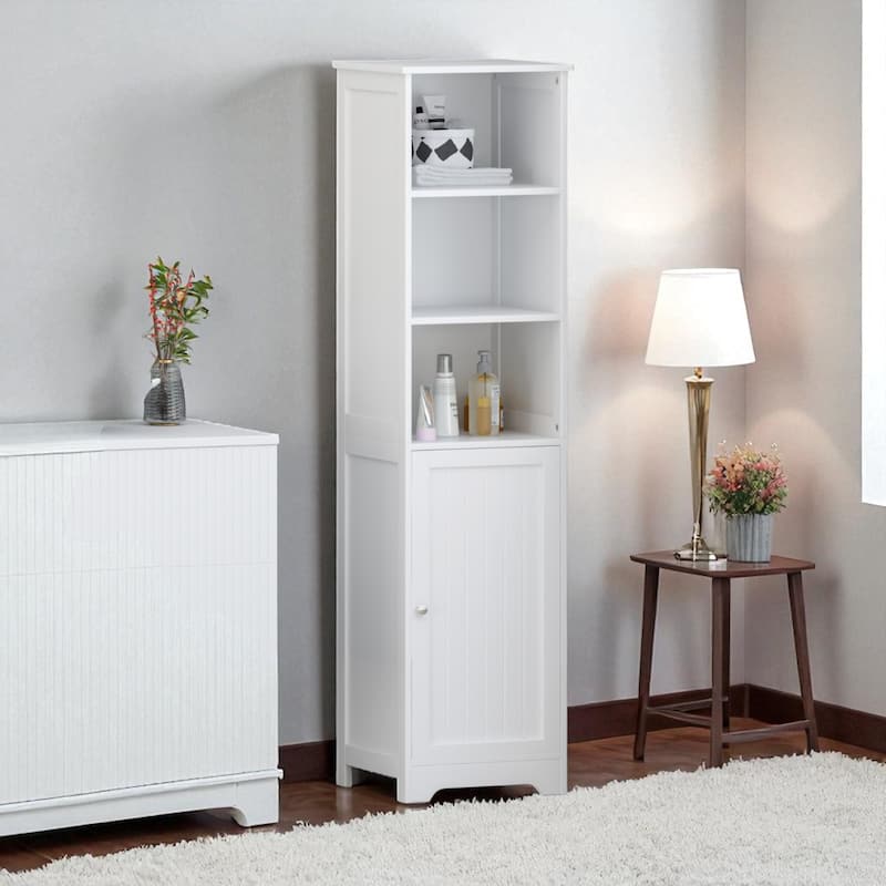Modern Bathroom Linen Tower Cabinet with Open and Enclosed Shelves, Faux Wood, Compact Storage Organizer