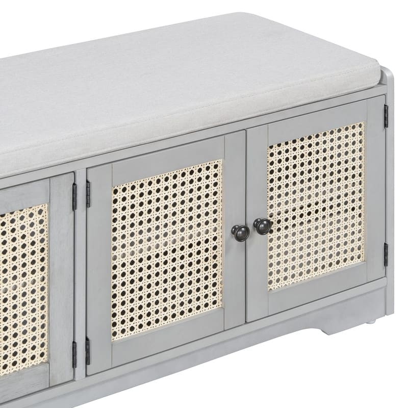 Rustic 47.4" Storage Bench Multifunctional Wooden Entryway Organizer with Removable Cushion and Rattan Doors