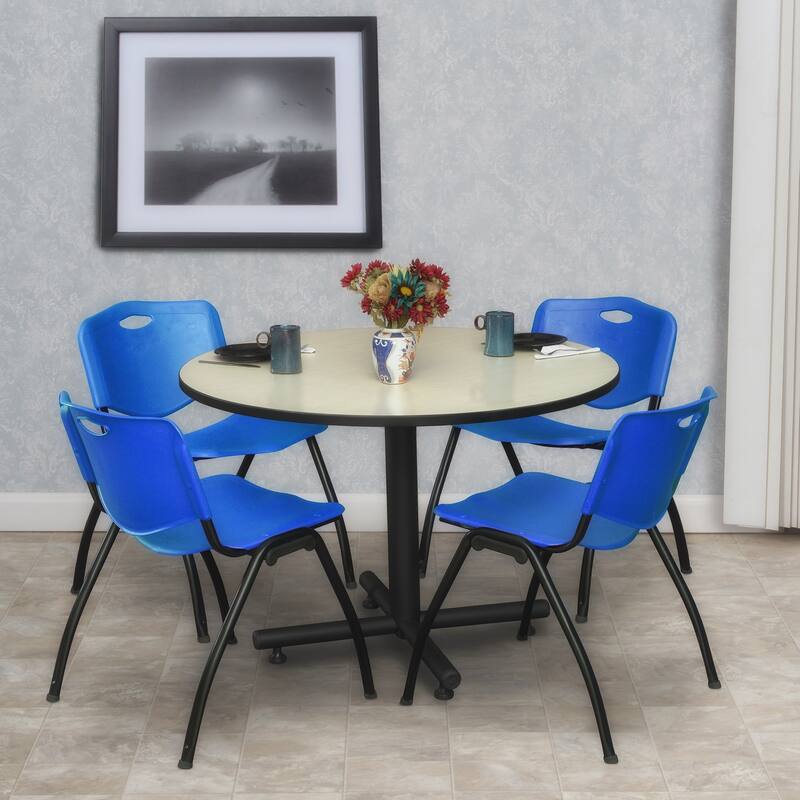 48 in. Round Breakroom Table- Maple & 4 'M' Stack Chairs- Blue