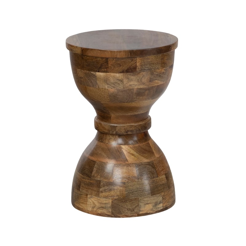 Handcrafted Mango Wood Accent Side Table, 18" Tall, Damru Shape, Dark Finish, Pre-Assembled, Rustic Decor