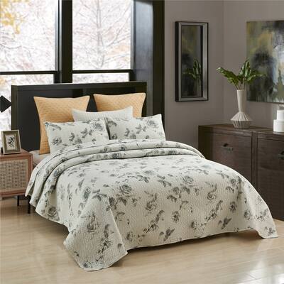 Gray Floral Quilt Set,Reversible Bedspread Coverlet