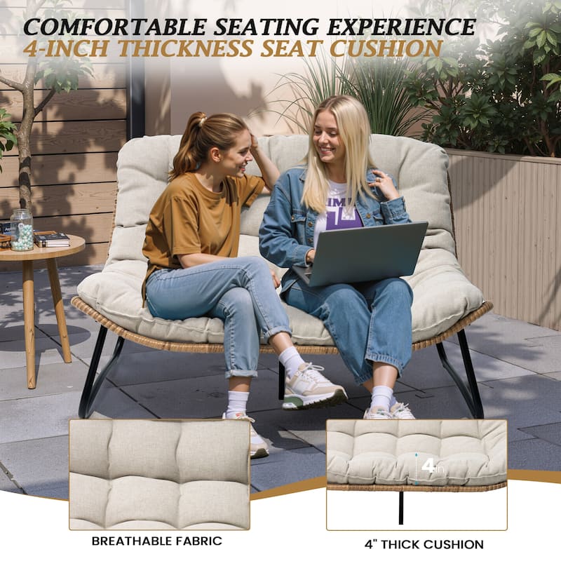 All-Weather PE Rattan Double Papasan Chair Loveseat with Soft Cushion for Indoor Outdoor