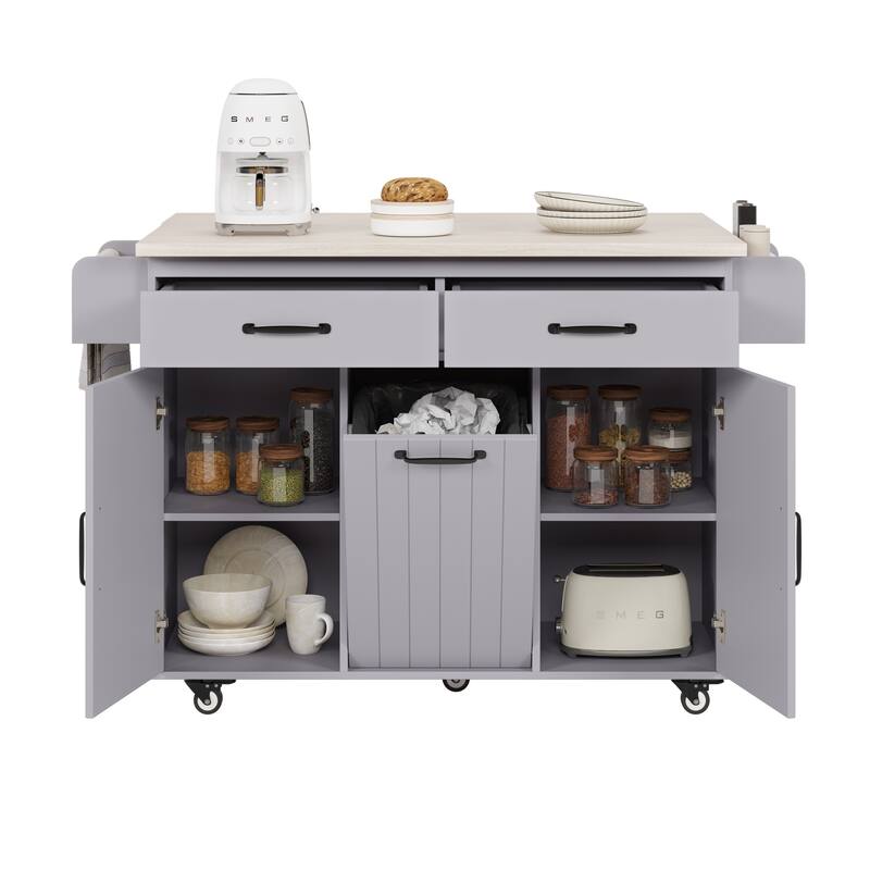 Floor Standing Kitchen Island Convertible Drop Leaf Kitchen Cart, Grey Kitchen Island on Wheels with Tilt-out Trash Can