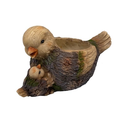 Mama and Baby Bird Outdoor Garden Planter - 14.5" - Brown
