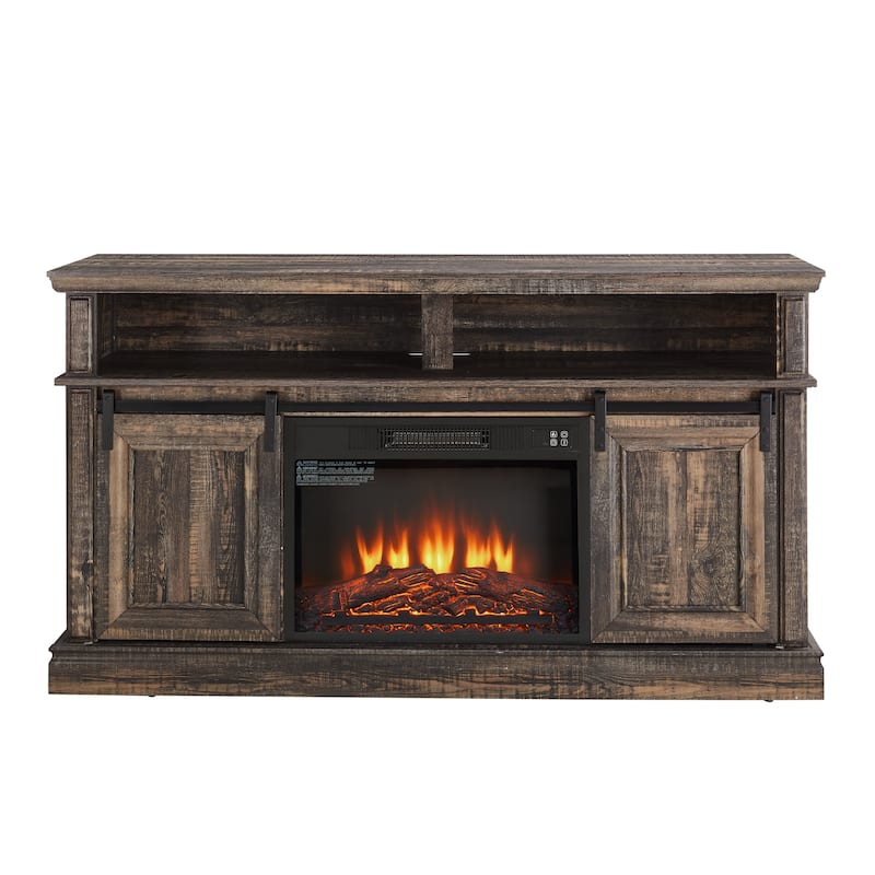 Farmhouse TV Stand Fireplace TV Stand with Open Storage Cabinets for 65 Inches TV, Barn Door TV Stand with Adjustable Shelves