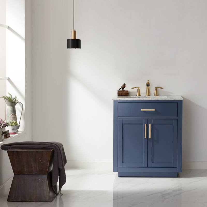 Altair Ivy Single Bathroom Vanity Set and Carrara White Countertop without Mirror - 30"x34" - Royal Blue + Brushed Copper Hardware