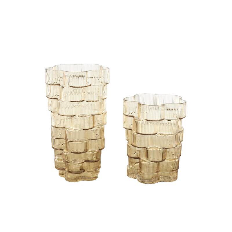 Glass Ribbed Stacked Flower Decorative Vase - Set of 2 Brown or Blue - Roche River Decor