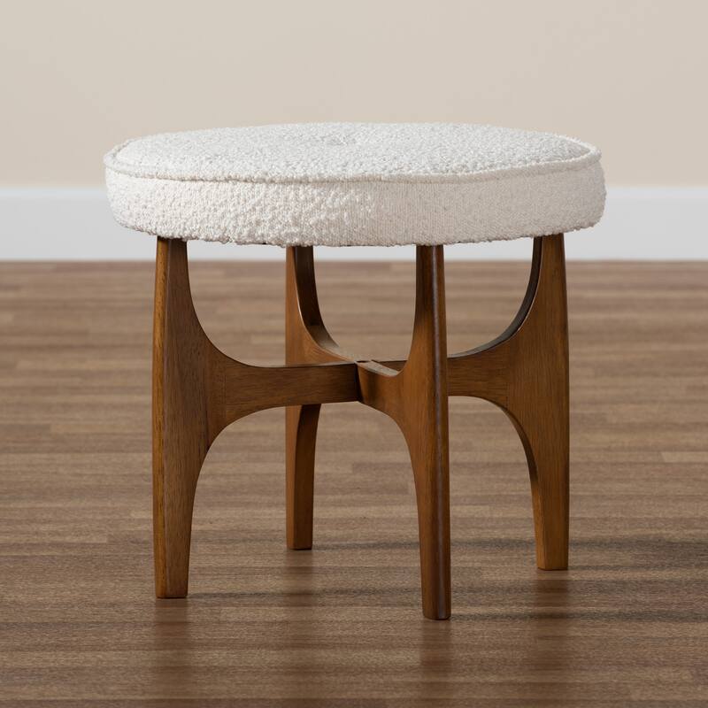 Theo Japandi Cream Boucle Fabric and Walnut Brown Finished Rubberwood Ottoman Footstool