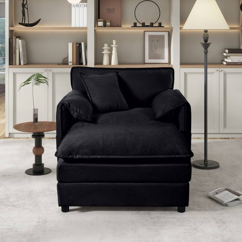 Chenille Upholstered Accent Chair / Oversized Single Sofa Lounge Chair / Deep Seat Reading Sofa Armchair - Black+Ottoman