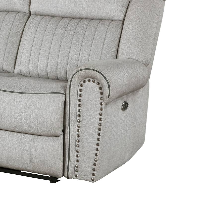 Ben Power Reclining Sofa, 89 Inch, Gray Microfiber, Nailhead Trims