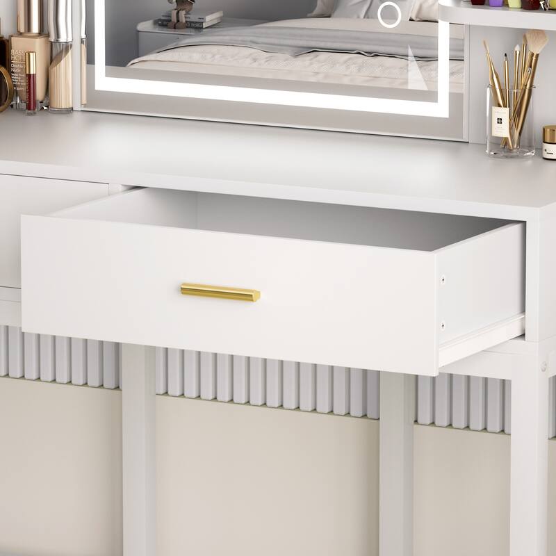 Modern Vanity Desk with LED Mirror, Makeup Table with Storage Drawers and Shelves - N/A