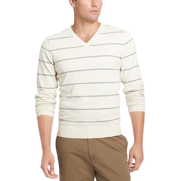 Izod Fine Gauge Striped V-Neck Sweater Egret Beige Cotton X-Large