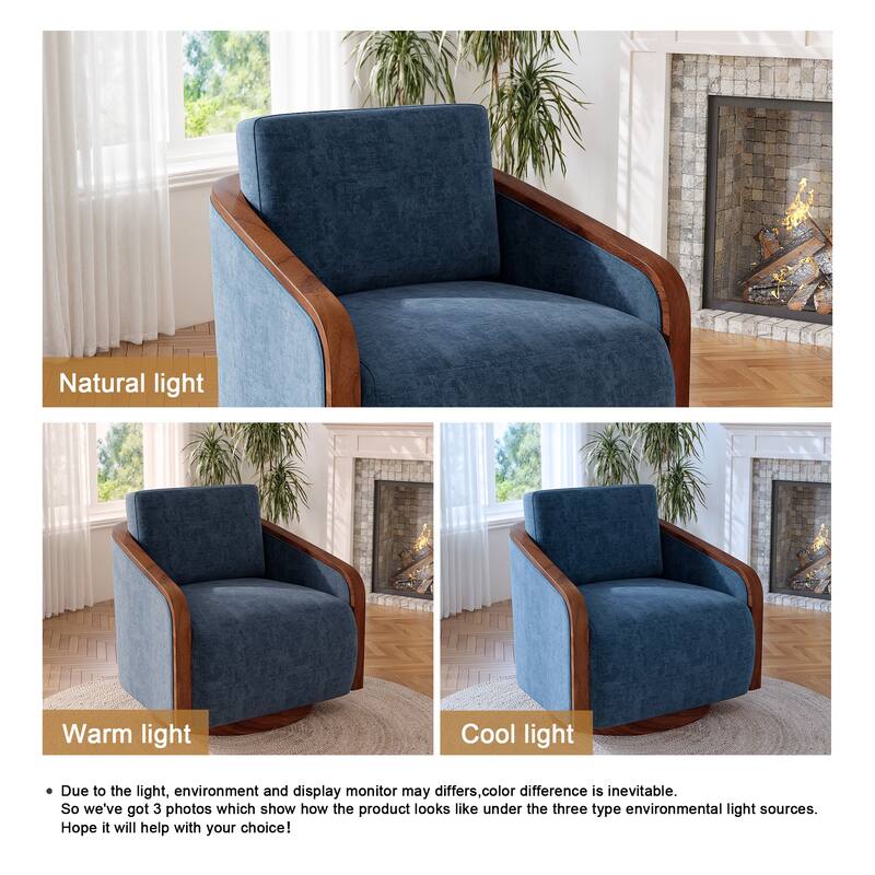 Upholstered Swivel Barrel Chair with Curved Wood Arms