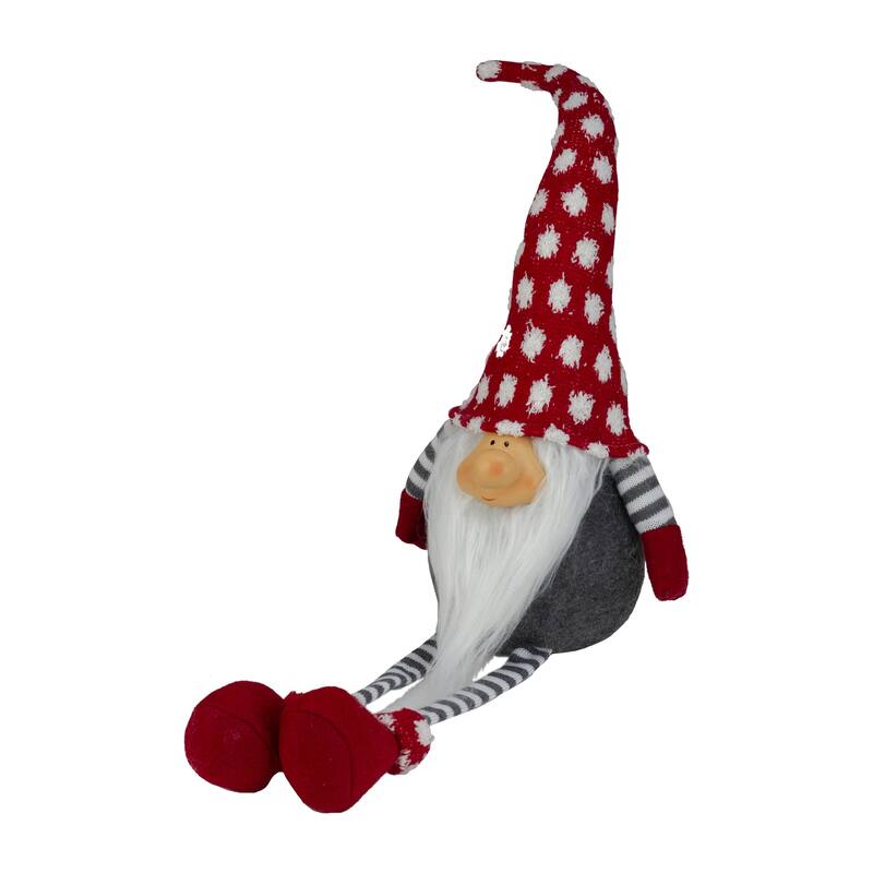 Hanging Leg and Polka-Dot Snow Cap Smiling Gnome - 24" - Gray and Red