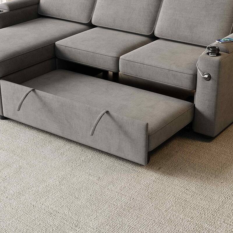 85.8" Upholstery Sleeper Sectional Sofa Pull Out Sofa Bed with Storage Space