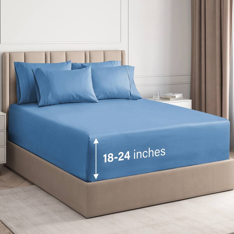 CGK Linens 6 Piece Extra Deep Pocket Microfiber Hotel Luxury Bed Sheets Set - Queen - Denim Blue
