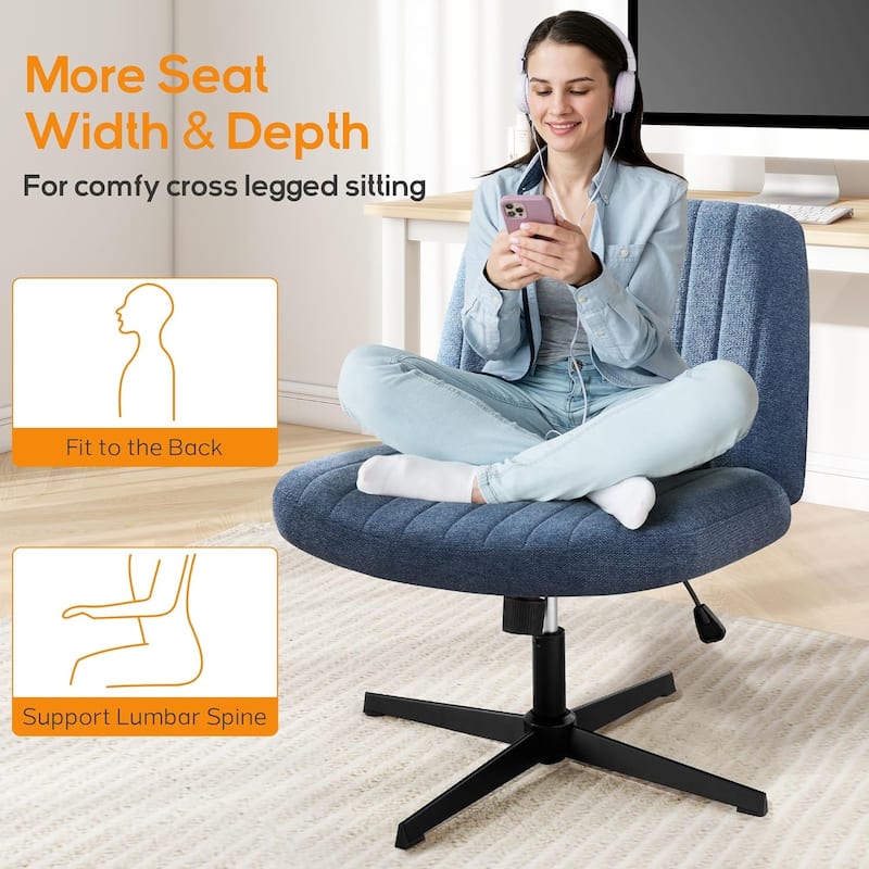 Home Office Desk Chair Criss Cross Legged Office, Wide Comfty Desk, Wheels Armless Computer Task, Swivel Vanity Home Chair