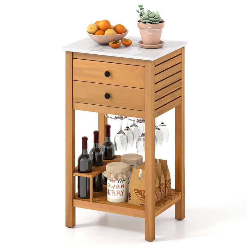 Natural Acacia Wood Resin Outdoor Buffet Cabinet with Faux Marble Top and Storage - 20" x 16" x 36"