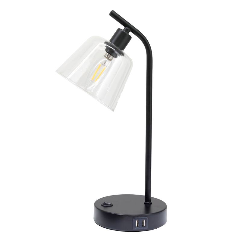 Modern Industrial Desk Lamp with Clear Glass Shade and Dual USB Charging Ports Multiple Colors - 8" (L) x 5.5" (W) x 15.75" (H) - Black