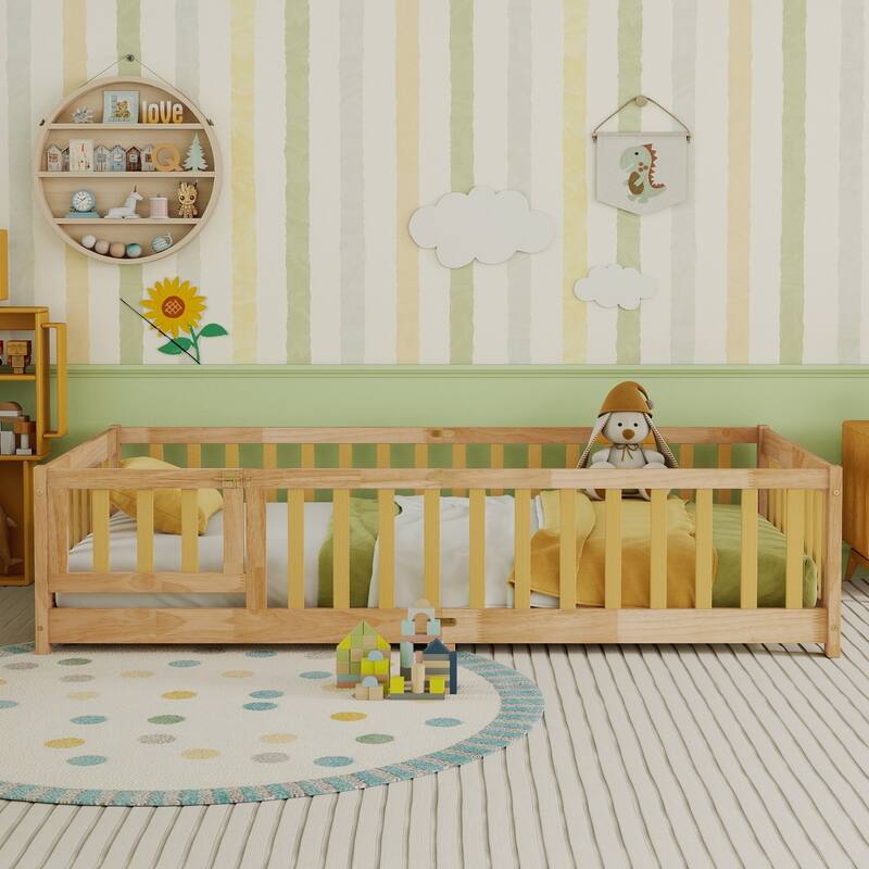 Twin Size Floor Bed with Fence and Door, Rubber Wood Floor Bed with Safety Guardrails