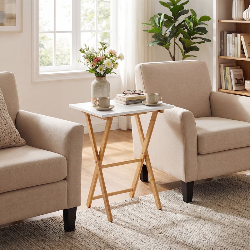 Gymax Folding TV Tray Tables Set of 2 Bamboo Snack Table for Small