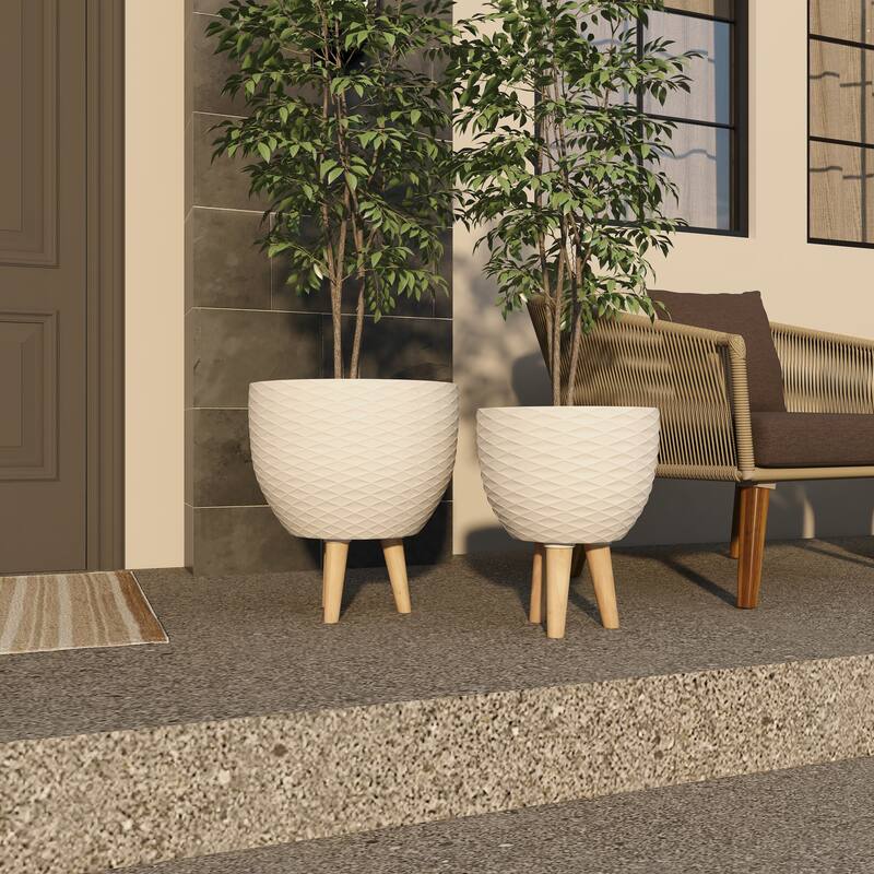 White or Gray Ceramic Indoor Outdoor Planter with Wood Legs (Set of 2)