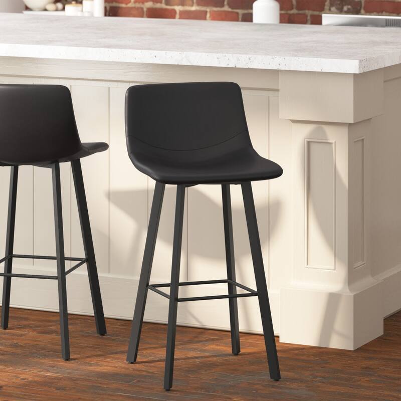 Set of 2 Armless Upholstered Metal Counter Stools - Black Faux Leather/Black