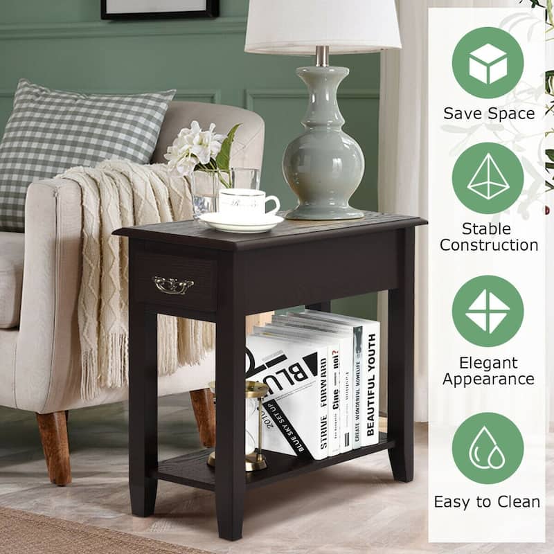 Space-Saving 2 Tier End Table with Drawer and Shelf for Living Room