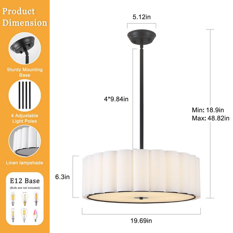 5 Light Simple Modern Pendant with Fabric Shade Adjustable Height Bulb Not Included