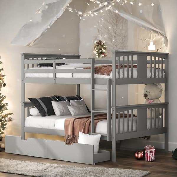 slide 2 of 34, Full over Full Bunk Bed with 2 Drawers and Ladder for Bedroom Gray