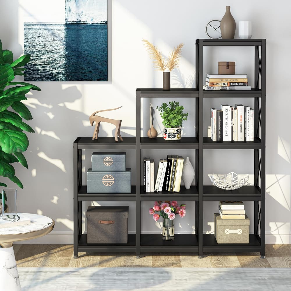 Brown/ Black Industrial 12-shelf Ladder Bookshelf, White Modern 9 Cubes Stepped Etagere Display Bookcase