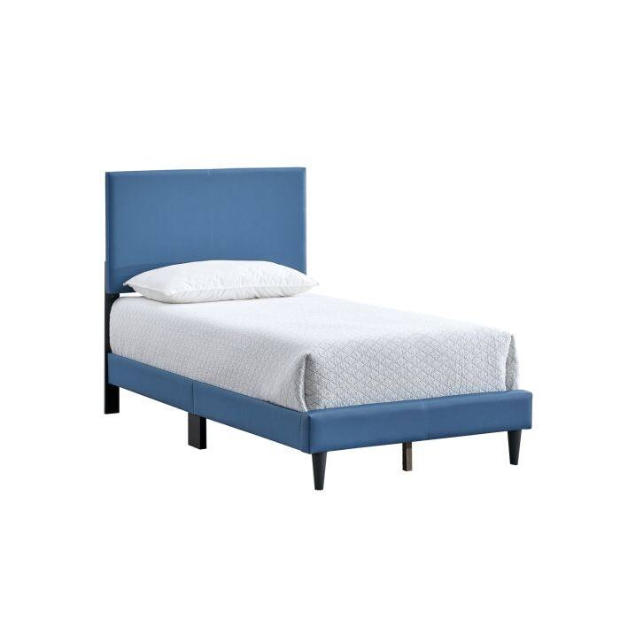 Twin Bed with Adjustable Headboard, Blue Faux Leather, No Mattress Included