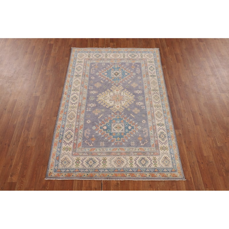 Gray Geometric Kazak Oriental Accent Rug Handmade Wool Carpet - 4'2" x 6'2"
