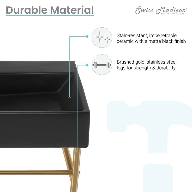 Reims 30 Ceramic Console Sink Matte Black Basin Brushed Gold Legs - 29.5" x 16.55" 35.45"