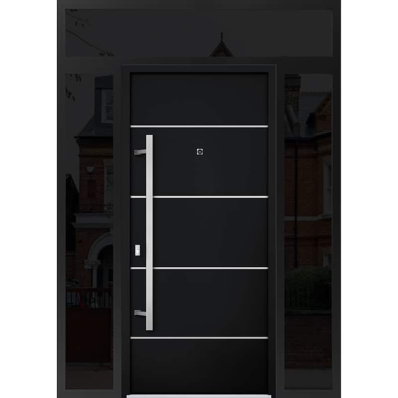 Front Prehung Steel Door 6083 Black Enamel Top Window Sidelite Stainless Inserts W36xH80+16 Lh I Bedroom Door Bathroom Door - Black - 64 x 96