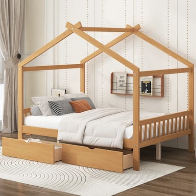 Full Size House Platform Bed With Two Drawers,Headboard And Footboard,Roof Design