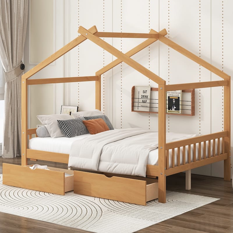 House-Shaped Full Size Platform Bed with Storage Drawers, Headboard & Roof Design - Natural