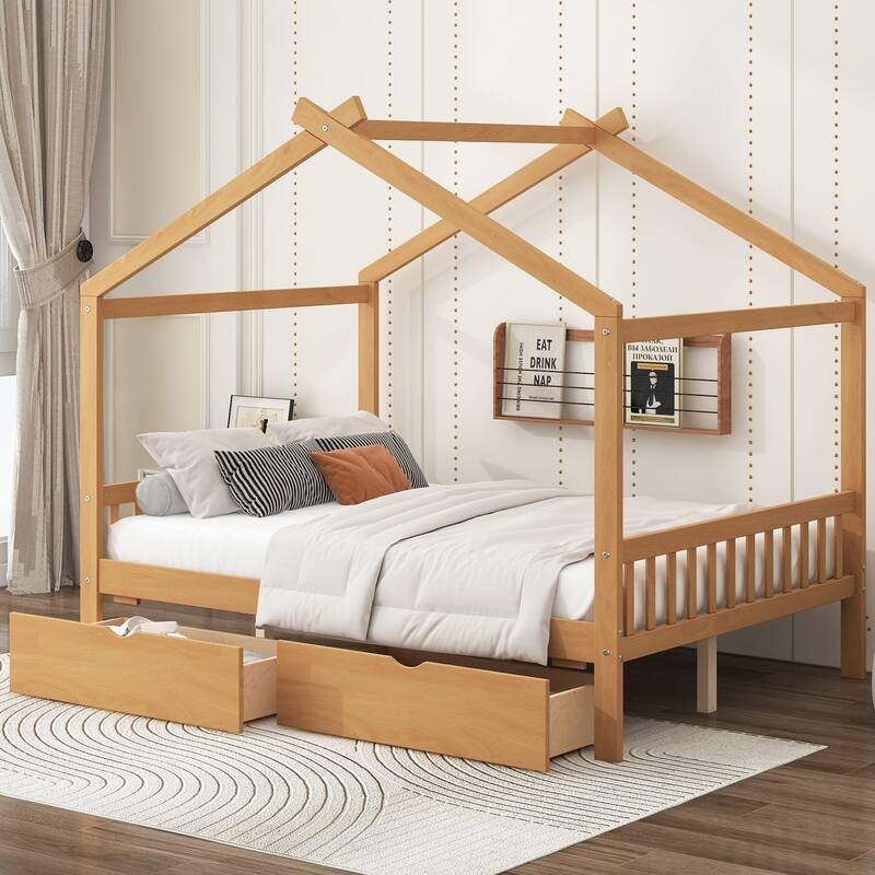 Roomfitters Full Size House Platform Bed with Drawers and Roof Frame, Wood Bed with Headboard and Footboard, Natural