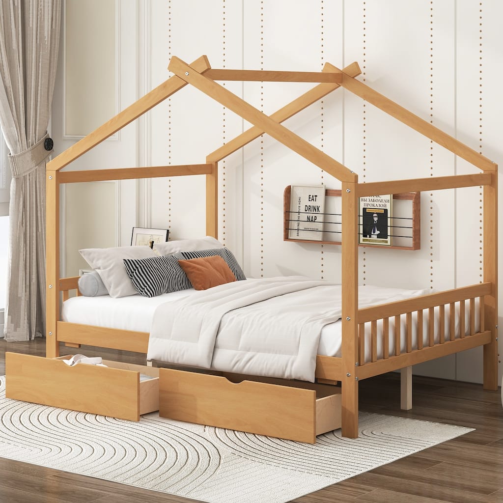 Roomfitters Full Size House Platform Bed with Drawers and Roof Frame, Wood Bed with Headboard and Footboard, Natural