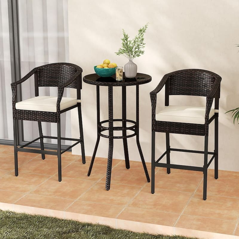 3PCS Patio Rattan Bar Set Cushioned High Top Bistro Furniture