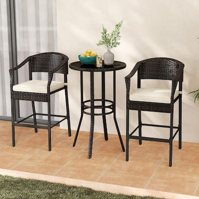 3PCS Patio Rattan Bar Set Cushioned High Top Bistro Furniture