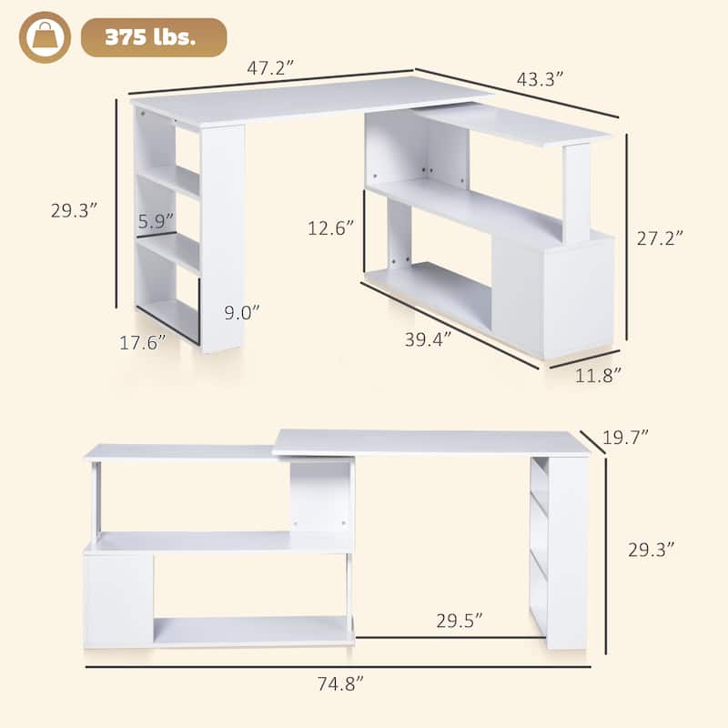 HOMCOM 360° Rotating L-Shaped Corner Desk: White, with Storage Shelves