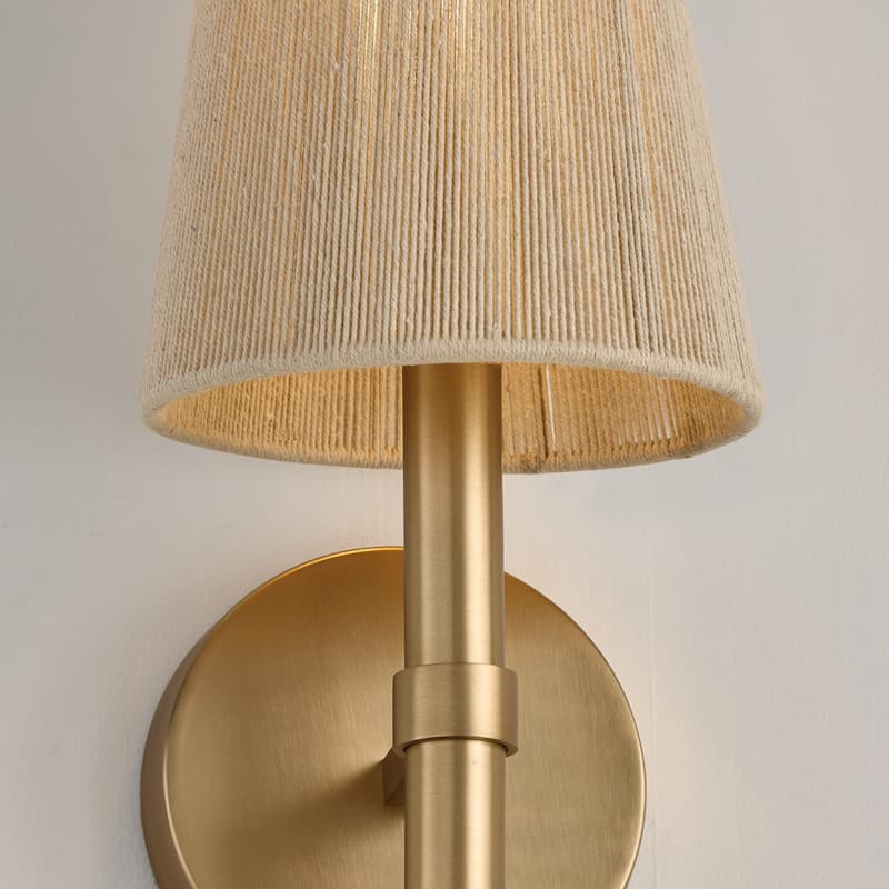 5" W x 14" H 1-Light Wallchiere Sconce in Matte Brass with Tapered Bleached Natural Rope Shade - 6.25"W x 16.75"H x 7"E